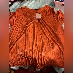 Orange Ruffled Short Sleeve Top with Bib Collar